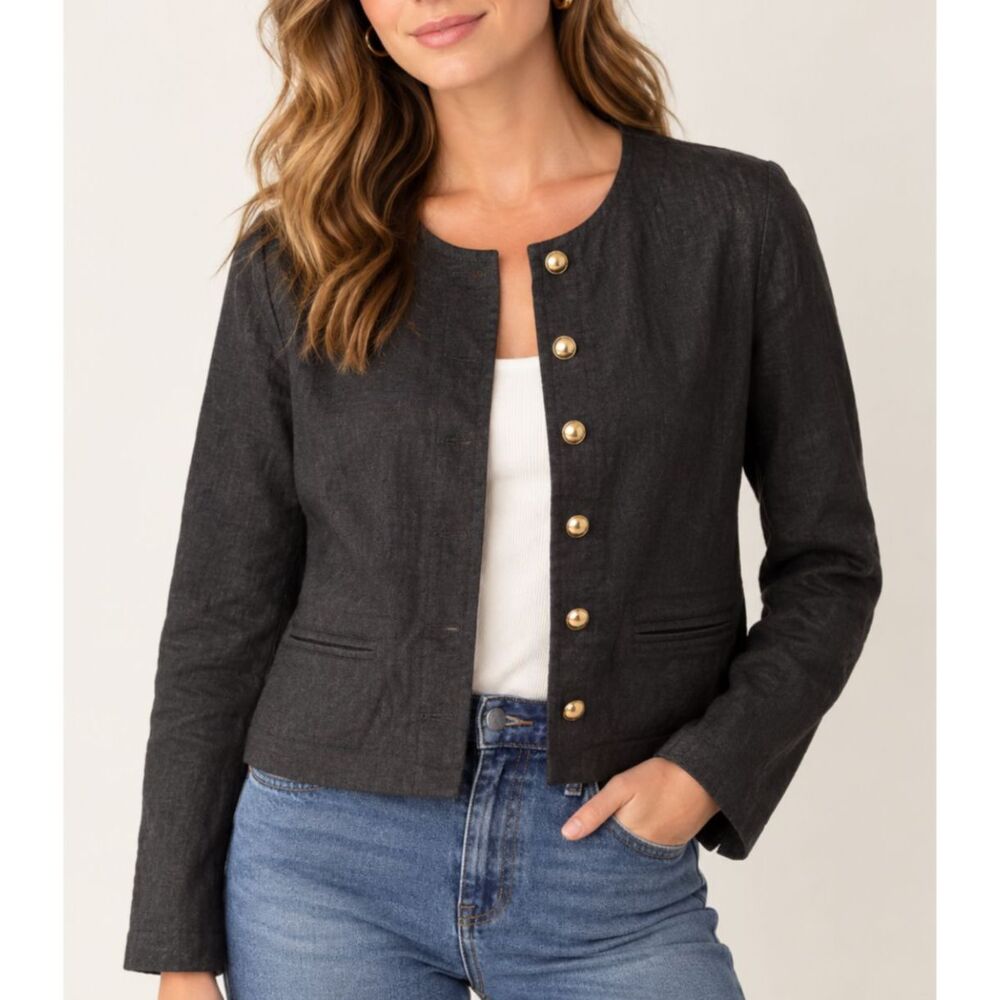 Halston Black Linen Jacket Gold Tone Buttons Women's Medium Cropped Blazer